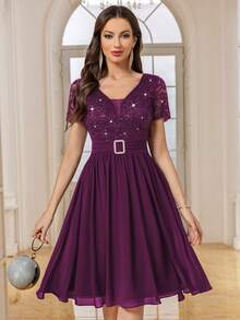 MIUSOL Deep V Neck Sequin Floral Lace Contrast Chiffon Pleated Hem Prom Party Swing Dress,For Birthday, Wedding Guest, Graduation Homecoming - Maroon - View 2