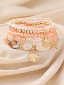 7pcs/Set Seashells, Pearls & Starfish Beads Layered Bracelet Set, Boho Stackable Design For Women, Beach Holiday Casual Wear, Random Shell Patterns, Great Gift Idea