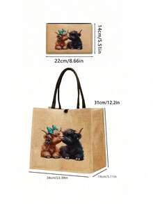 Adorable Highland Cow Printed Tote Bag, Large Capacity Tote Bag,Tote Bag And Makeup Pouch Set,Lightweight Large Capacity Tote Bag, Reusable Burlap Shopping Bag, Portable Travel Beach Bag With Makeup Bag, Travel Handbag For Holiday Vacation Weekend Getaway Short Trip,Personalized Birthday Gifts Present For Friend Her,Suitable For Weddings,Birthdays,Beaches,Holidays, Anniversary, Best Gift For Mother's Day