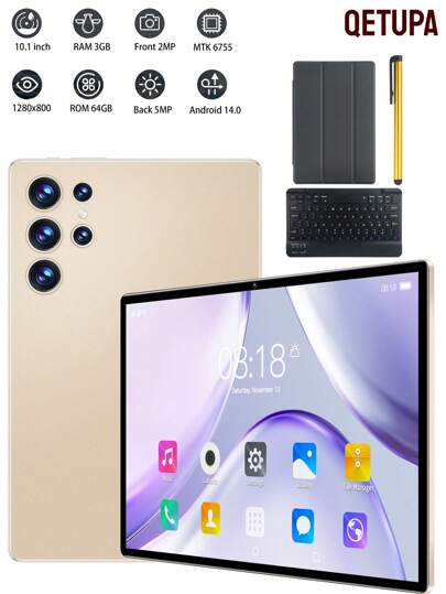 Qetupa 10.1-Inch Z50 Android 14 Tablet, 3GB RAM + 64GB ROM, MTK 6755 Octa-Core 1.6GHZ Processor, HD (1280x800) IPS Touch Screen, Bluetooth 5.2 And 802.11ac WiFi5, GPS, 2-Megapixel Front Camera And 5-Megapixel Rear Camera, 6000mAh Large-Capacity Battery, Does Not Support SIM Card.
