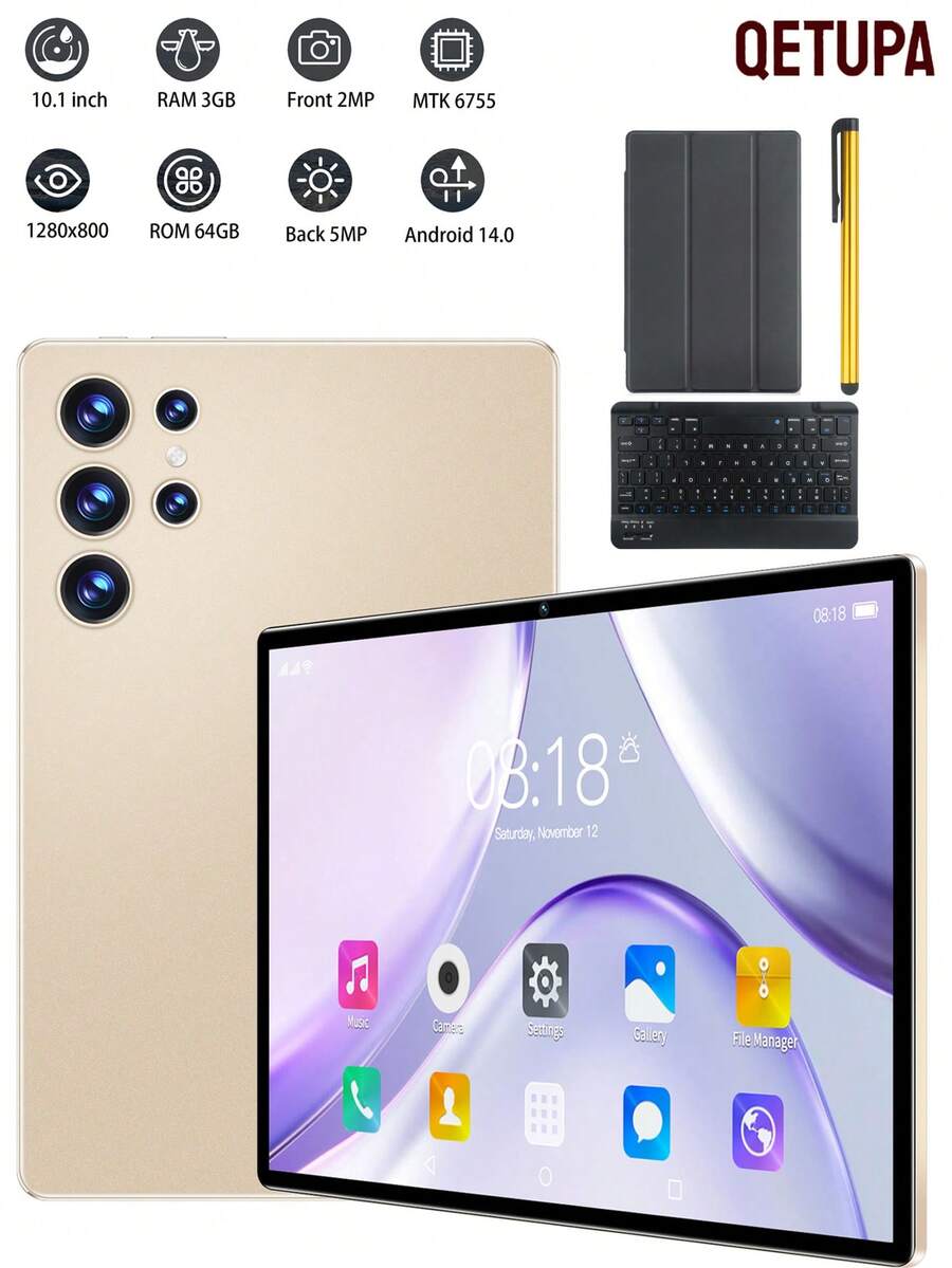 Qetupa 10.1" Z50 Android 14 Tablet,3GB RAM+64GB ROM,MTK 6755 Quad-Core 1.3GHZ Processor,HD(1280x800) IPS Touch Screen,BT 5.2&802.11ac WiFi5,GPS,2MP Front Camera&5MP Rear Camera,6000mAh Large Battery,No Support SIM Card,With Keyboard,Case And Stylus