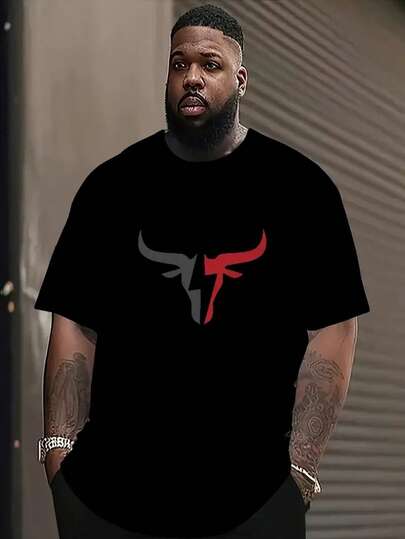 加大码男式黑色圆领短袖 T 恤，带灰色红牛头图案印花，休闲弹力透气 T 恤，适合所有季节