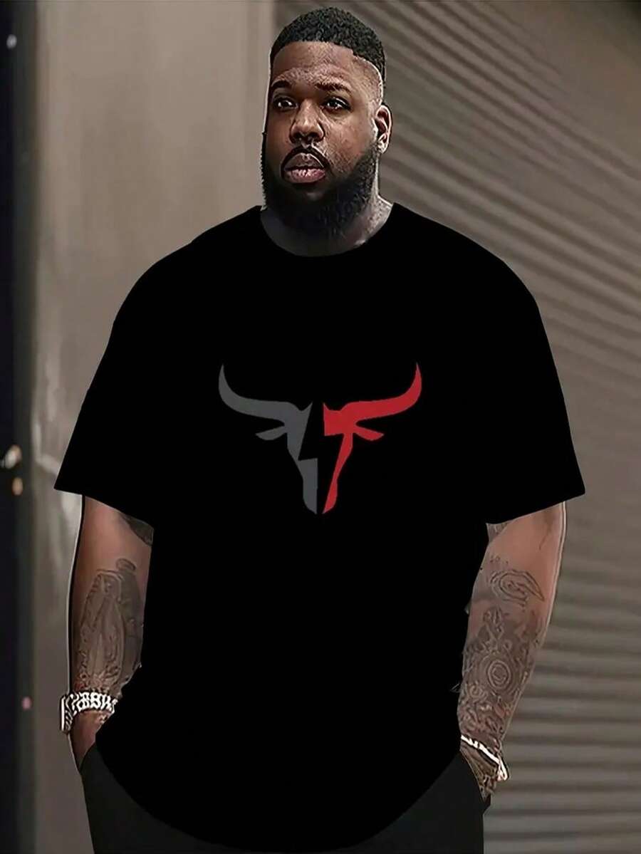 加大码男式黑色圆领短袖 T 恤，带灰色红牛头图案印花，休闲弹力透气 T 恤，适合所有季节