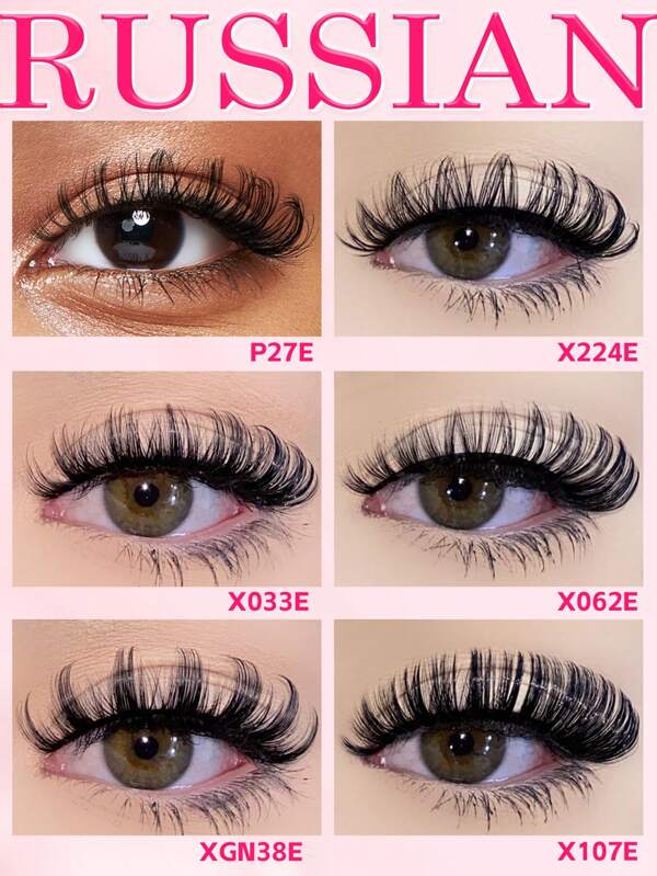 5 paires de faux cils volume russe, cils de bande russe inclinaison D, grands cils bouclés, faux cils mink complets au look d'œil de chat avec queue allongée (XE6H-5)