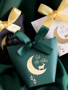 10Eid Sweets Gift Boxes - Mini Gift Boxes Decorated With Lamb Print And Crescent Design - White Paper Box With Gold And White Ribbon - Perfect For Chocolates, Small Gifts And Party Favors - Eid And Eid Celebrations