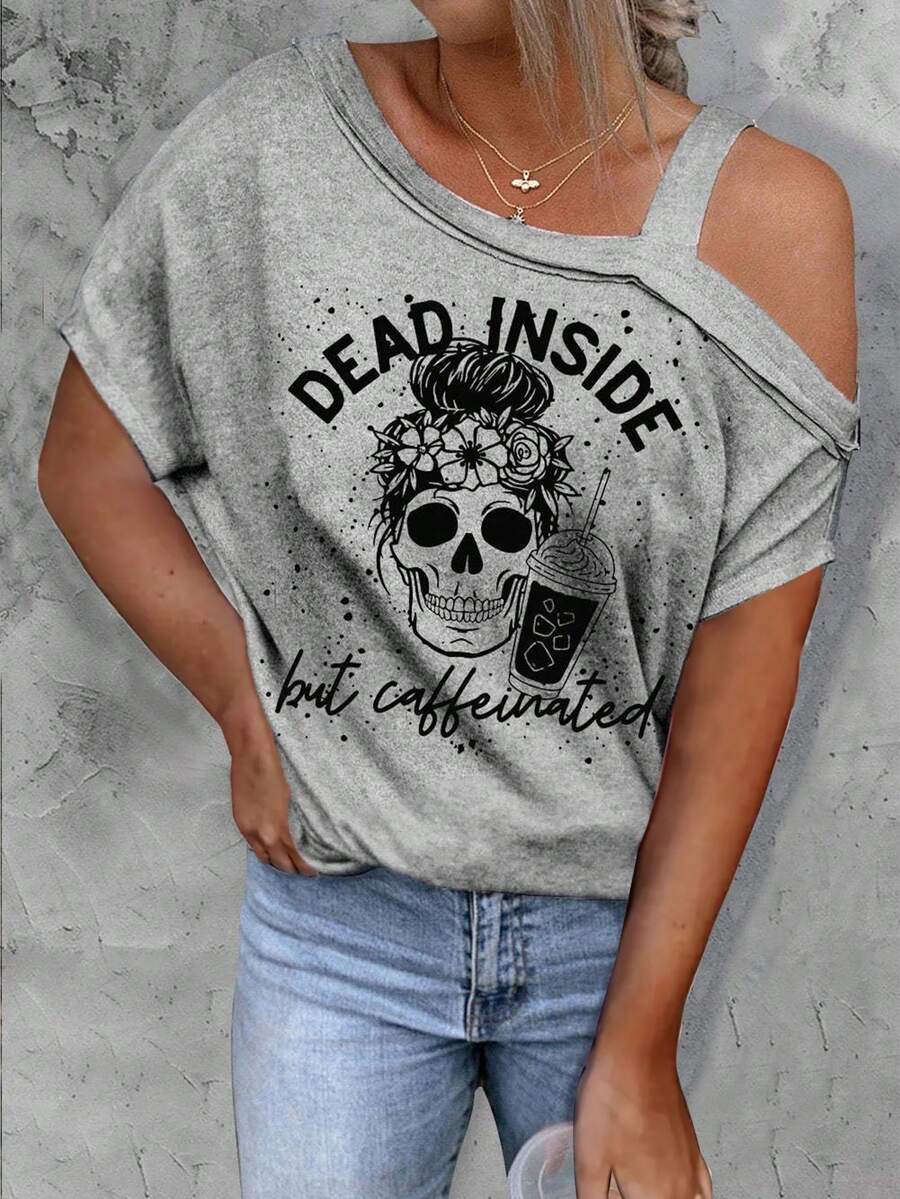 Women's Fashion Sexy Casual Loose Off-Shoulder Short Sleeve Printed T-Shirt - Grey - View 1