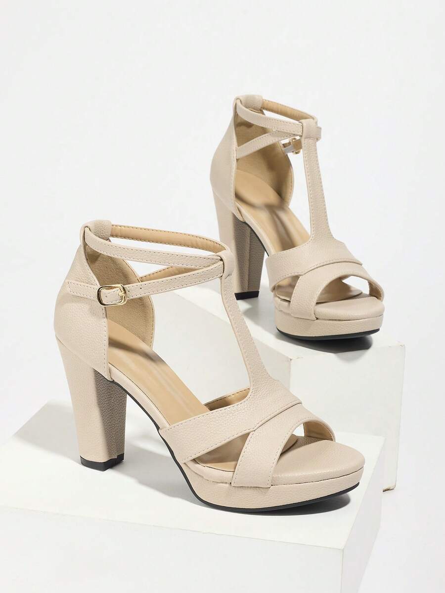 Spring/Summer Women's High Heel Sandals, New Thick Platform Forefoot Increase Height Quality Chunky Heel Apricot High Heels, T-Strap Roman Elegant Charming Fashion Vacation Versatile Theme Party