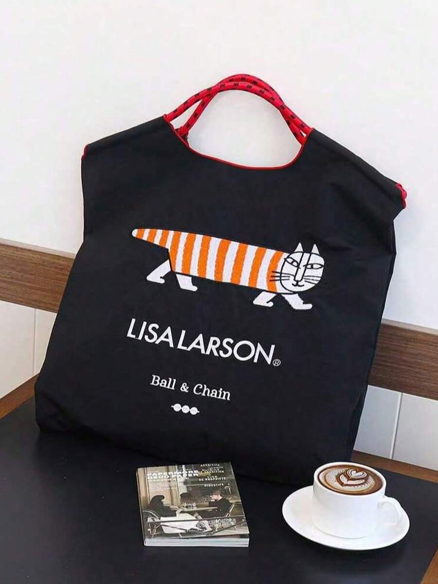 Embroidered Pattern Shopping Bag, Large Capacity Travel Tote Bag, Nylon Pull Handle Handbag - Multicolor - View 1