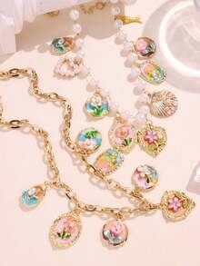1pc Vintage Elegant Floral Necklace, Multicolor Enamel Alloy Pendant Beaded Necklace For Women, Cute Flower, Shell, Fish, Heart Design For Daily Wear - Multicolor - View 2