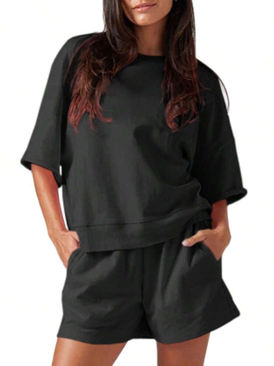 Fisoew Women's 2 Piece Outfits - High Waist Casual Tracksuit Set, Oversized Cropped Sweatshirt & Running Shorts, Summer Y2K Streetwear, Fashion Matching Lounge Set - 黑色 - 查看 1