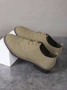 Men's Casual Matte Leather Brogue Round Toe Lace-Up Low Heel Flats, Lightweight, Suitable For Youth, Students And Daily Wear All Season