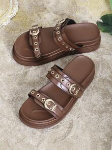 1 Pair Punk Style Rivet Embellished Platform Sandals, High-End Stylish Summer Footwear - Brown - View 7