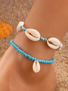Fashionable Ocean-Themed Shell & Turquoise Beaded Adjustable Anklet, Waterproof Wax Rope Braided, Unisex For Beach Vacation Party - Anklets - View 5