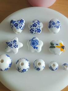 2/5/10 件手绘蓝白陶瓷珠，复古风格散珠，适合 DIY 珠宝制作 - 手链、项链、手机链 - 彩色 - 查看 2