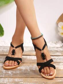 Damessandalen met sleehak, nieuw, handgemaakte sandalen met kralen, open teen en middelhoge hak, zwart - Zwart - Bekijken 2