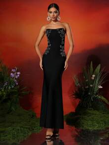 Love Aing Robe de soirée élégante pour femmes Love Aing avec ornements de strass, robe de fête/invitée de mariage charmante avec décolleté en cœur et ourlet en queue de poisson