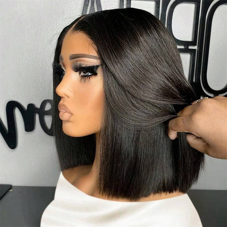 Glueless Wigs Human Hair Bob Straight Human Hair Lace Front Wigs For Beginners 100% Glueless Wigs 13x4 Lace Closure Human Hair Wig For Women Pre Cut Lace Natural Color 200% Density - Natural Black - 查看 1