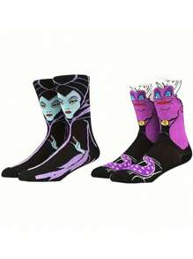 Disney 2 pares de calcetines cómodos tipo tripulación con diseño de bruja de Blancanieves del personaje de dibujos animados, resistentes al olor, con absorción de sudor, transpirables, estilo halloween, perfectos para regalos, fiestas, uso diario, eventos casuales, personajes de Disney Bruja Vieja