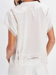 Women Summer Boho Tie Front Tank Top Lace Beach Vacation Y2k Coquette Button Down Short Sleeve Blouse Low Cut V-Neck Flowy Peplum Shirt Crop Tops Going Out Tops - 白色 - 查看 2