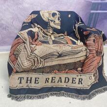 Skull Reader Pattern, Bohemian Style Jacquard Weave Fringe Blanket, Thick, Stain Resistant, Tear Resistant, Washable, Easy Care, Non-Fading, Non-Pilling, Suitable As Bedspread, Sofa Throw, Office Lap Blanket, Picnic, Camping And Home Decor