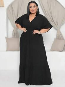 Plus Size Long Dress V Neck Short Sleeve - Black - View 3