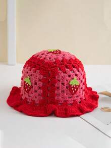 Strawberry Crochet Bucket Hat, Knit Woolen Hat, Sweet For Spring Summer Outdoor Sun Protection, Cute Japanese Style - A - View 11