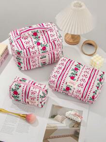 1PC Blue Striped Flower Makeup Bag, Quilted Portable Toilet Bag, Makeup Bag, Large Capacity Storage Bag, Suitable For Wallet, Lipstick, Sanitary Napkins, Pads, Coins, Keys, Earphones, Earphones And Accessories, Travel Storage Bag, Earrings, Bracelets, Necklace, Glasses, Sunglasses, Suitable For Women, Girls, Teenagers, Candy, Nurses, Female Students, Students, Gifts. Cosmetic Bag