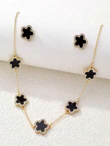 4pcs Glittering Clover Jewelry Set, Diamond Encrusted Black Flower Necklace, Bracelet, Earrings, Casual Everyday Wear, Holiday Gift Accessory - Multicolor - View 3