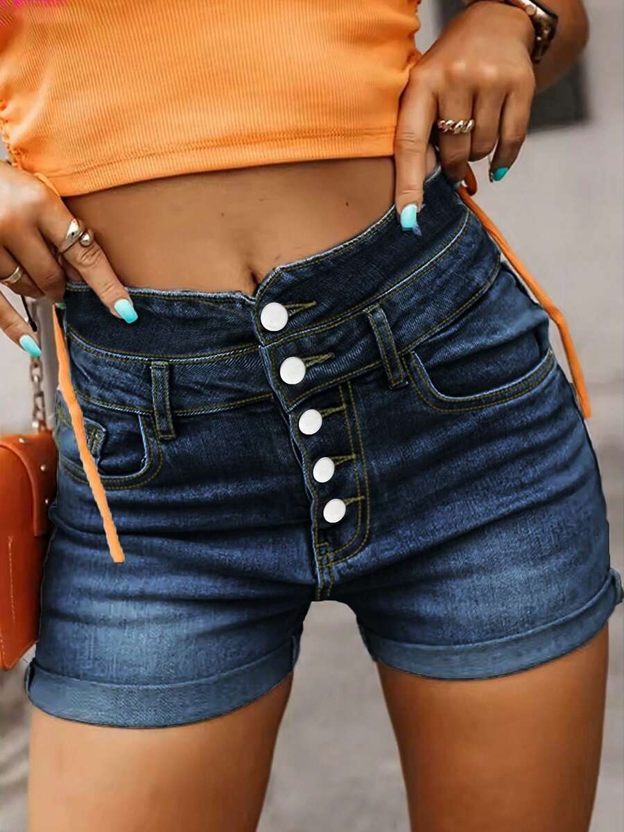 女士高腰优雅纽扣前牛仔短裤 - 深藍色 - 查看 1