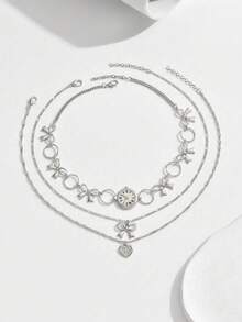 1pc Multilayer Necklace With Heart, Bow, Butterfly & Clock Pendant, Vintage Gold Tone, Stylish For Women, Daily Wear, Valentine's Gift