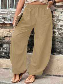 Plus Size Women's Relaxed Fit Elastic Waist Casual Wide Leg Pants, Versatile For Vacation And Daily Wear In Spring & Summer - Apricot - View 6