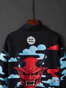 Japanese Fashion Demon Print Kimono Cover Up, Creative Street Style Cosplay Beachwear Cover Up For Summer Holiday - Black - View 5