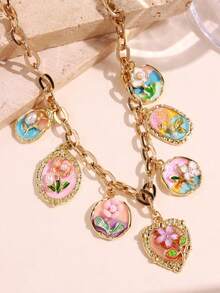 1pc Vintage Elegant Floral Necklace, Multicolor Enamel Alloy Pendant Beaded Necklace For Women, Cute Flower, Shell, Fish, Heart Design For Daily Wear - Multicolor - View 8