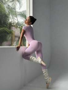 FWH 1. 可爱纯色露脐上衣，弹力修身圆领甜美时尚百搭外套，优雅高腰显瘦休闲收腹日常基础款舞蹈服拉长腿部线条提臀街头跑步瑜伽两件套，春夏款 - 淺粉色 - 查看 3