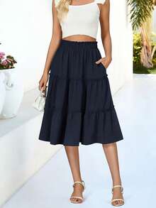 秋季女士中长裙 A 字形休闲长裙 荷叶边多层中长裙 黑色带口袋半身裙 - 藏蓝色 - 查看 1