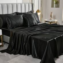 Black Satin Queen Comforter Set With Sheet Set Silk Like Satin Bedding Set Geometric Plaid Pinch Pleat Luxury Bedding Comforter 8 Pieces Satin Bed Set For Women And Females Bedroom Decor With 1 Comforter  4 Pillowcases 1 Flat Shhet 1 Fitted Sheet 1 Cushion Cover - Black - View 2