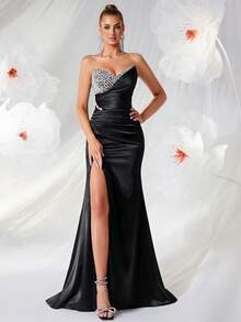 ADYCE Small V-Neck Asymmetric Rhinestone Embellished High Waist Slit Open Back Tie-Up Ball Gown Evening Party Dress - Black - View 3