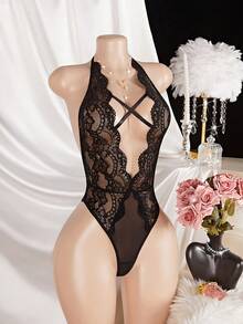 情人节惊喜礼物，新款性感蕾丝内衣，露背蕾丝连体裤，透视网纱镂空泰迪性感女士内衣 - 黑色 - 查看 4