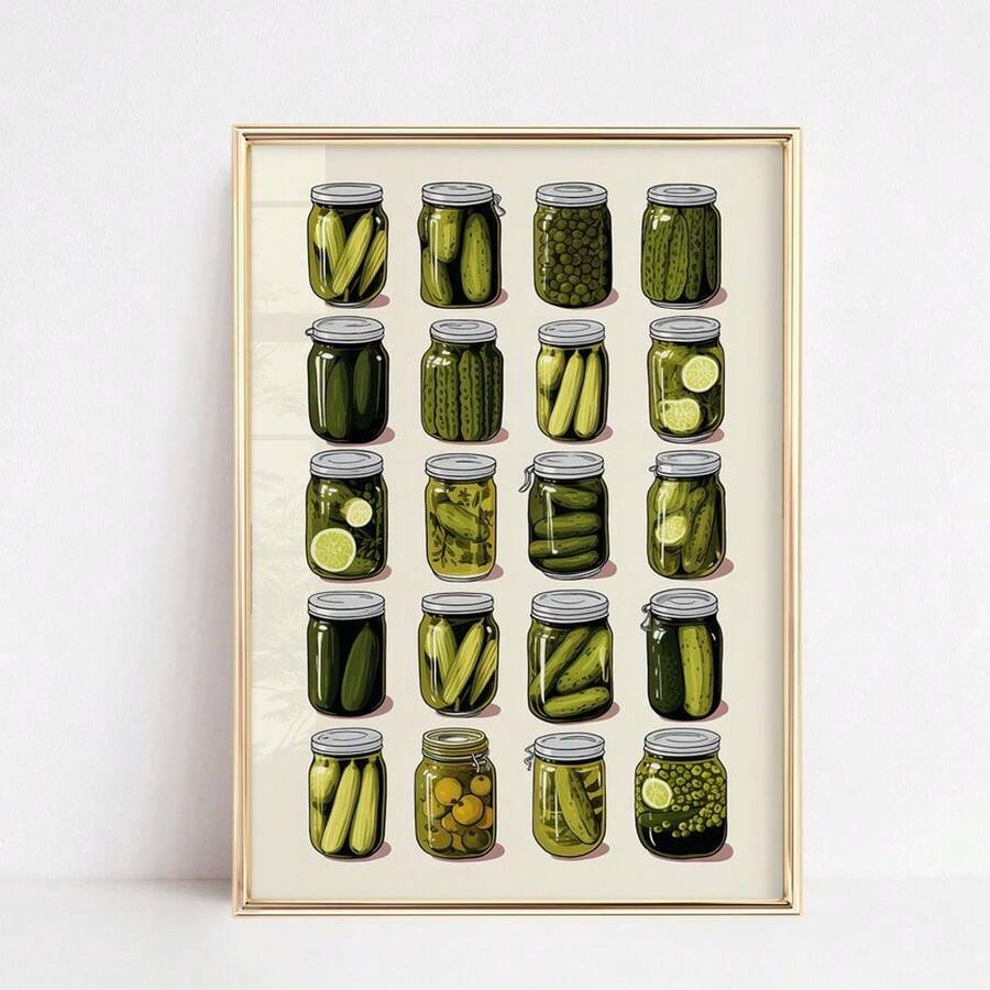 1 件，墙面艺术，复古海报，泡菜罐 | 趣味复古美食家居海报 | 客厅餐厅墙面艺术 | 家居装饰 | 厨房吧台推车泡菜 | 绿白相间，无框 - 彩色 - 查看 1