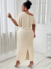 Đầm xòe màu trơn hở vai gợi cảm cỡ lớn cho nữ mùa xuân hè hàng ngày kèm váy - Màu be - Xem 4