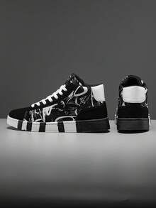 Men's Classic Black & White Random Graffiti Print Front Lace-Up High Top Rubber Sole Skate Shoes, Versatile Casual Outdoor Sports Sneakers, Plus Size Couple Shoes - Black and White - View 5
