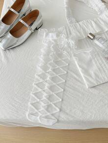 1 Pair New Japanese Style Summer Crystal Polka Dot Ruffle Bow Kids Thin Socks - White - View 10