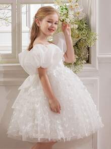 Young Girl Elegant Puff Sleeve Dress, Multi-Color Bow Tulle Princess Dress, Suitable For Girls' Birthday Party, Wedding, Bridesmaid, Holiday Occasions - White - View 4