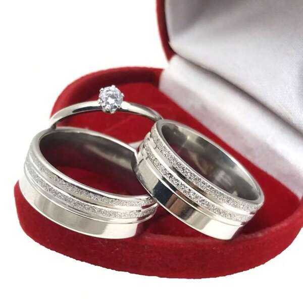 Par de Aliança Namoro 2 Frisos Brilhantes 8mm + Solitário + Caixinha Vermelha