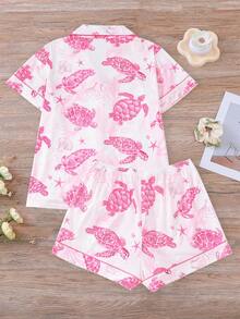 2 件套女式可爱海龟印花睡衣、休闲开衫上衣和松紧腰短裤，适合派对、家居服和家居服，四季皆宜 - 粉色 - 查看 11