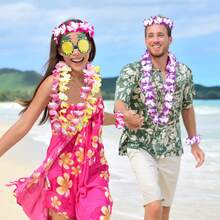 Conjunto de disfraz hawaiano, 8 piezas de artículos para fiestas hawaianas, que incluyen guirnaldas de flores, collares, diademas, brazaletes, faldas de hierba hawaianas, regalos tropicales para fiestas de verano, cumpleaños y vacaciones - Multicolor - Ver 6