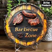 1件2D平面烧烤主题金属墙饰，8英寸圆形，适用于酒吧、厨房、咖啡厅、家居、客厅、办公室、餐厅、卧室、派对装饰，预钻孔，孔位随机。 - 彩色 - 查看 4