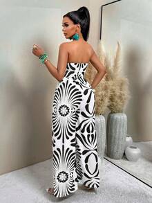 AIJ Women's Vintage Floral Print Pleated Wide Leg Jumpsuit (Random Print), Summer - Black - View 6