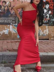 Women Solid Sleeveless Ruched One Shoulder Skinny Long Dress Bodycon Elegant Sexy Party Dress Evening Prom Clothes