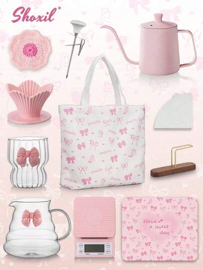 shoxil Kaffeservis, Rosa kaffeservis med rosettmönstrad påse, Häll över kaffeservis, Droppkaffetillbehör, Rese- och campingpresenter till festivalkaffe